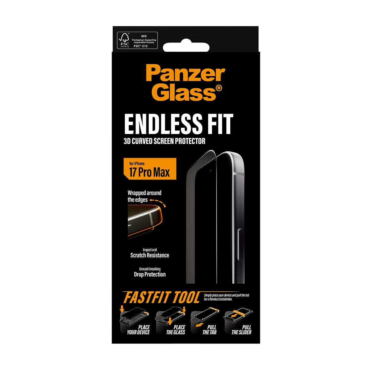 PanzerGlass® 3D Curve Skærmbeskyttelse iPhone 17 Pro Max m. Applicator